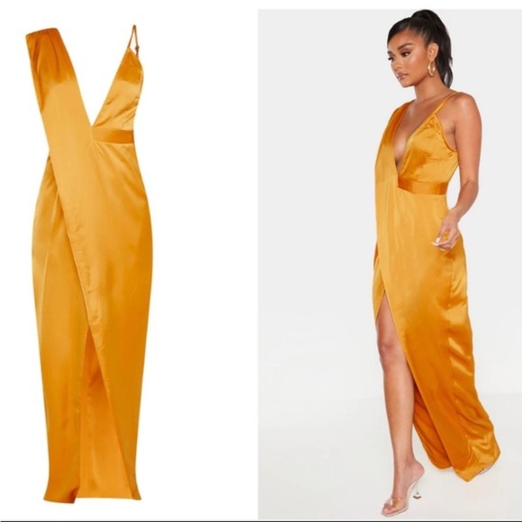 PrettyLittleThing Orange Satin Wedding Dress - Picture 6 of 12